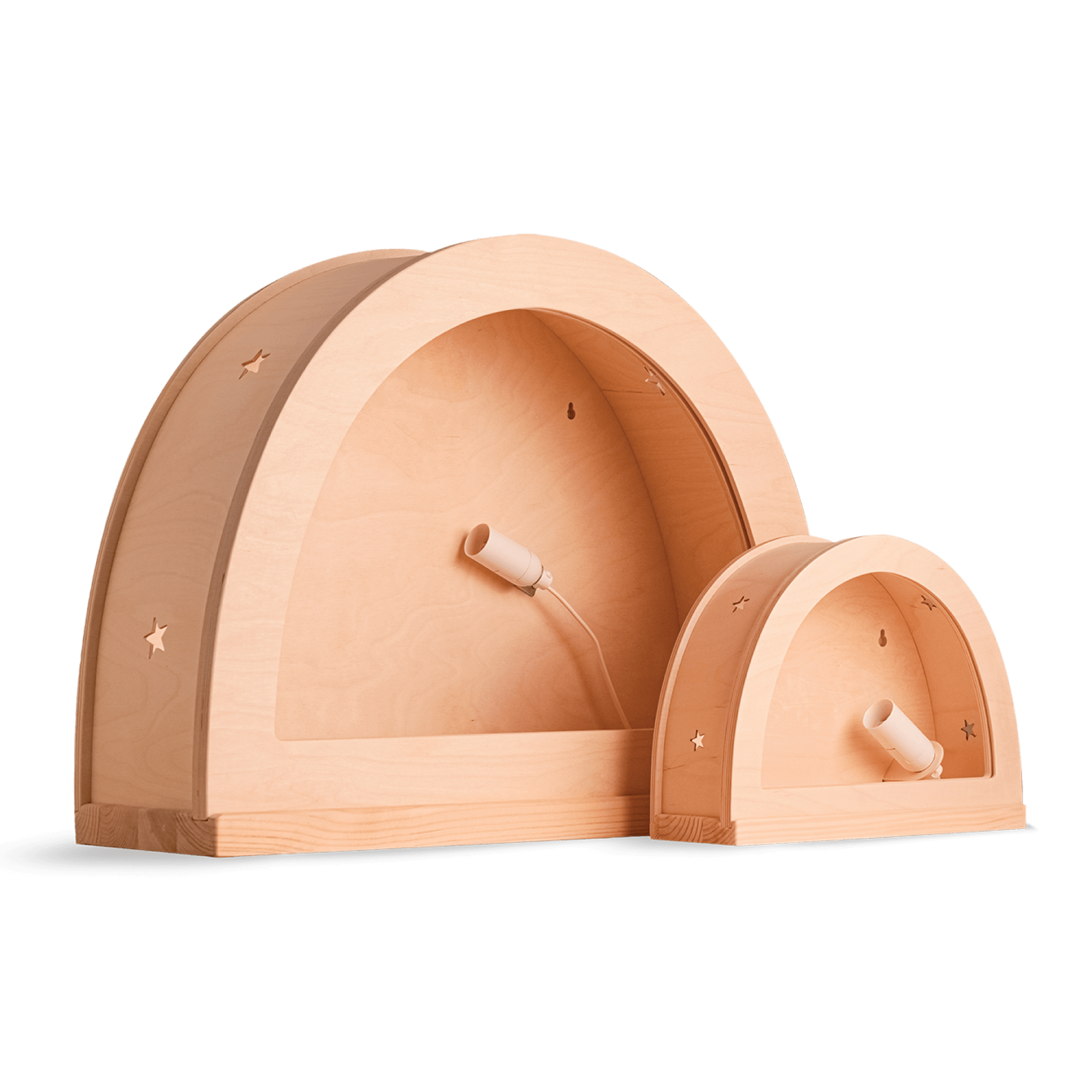 Houten silhouetlamp standaard en groot formaat naast elkaar