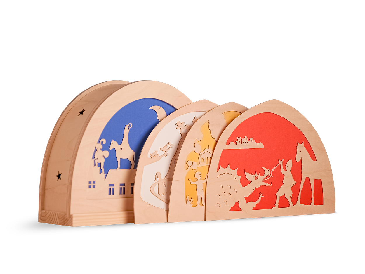Houten seizoenslamp bundel met jaarfeesten silhouetten