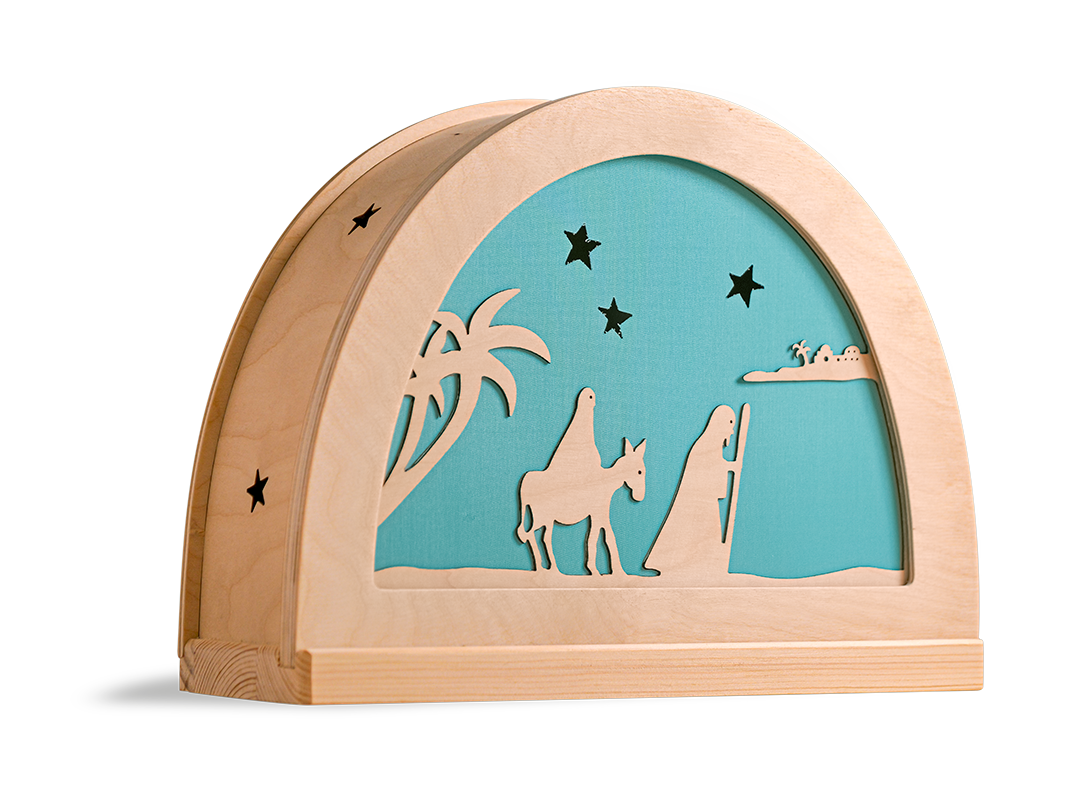 Advent silhouet met Jozef en Maria in houten silhouetlamp voor seizoentafel