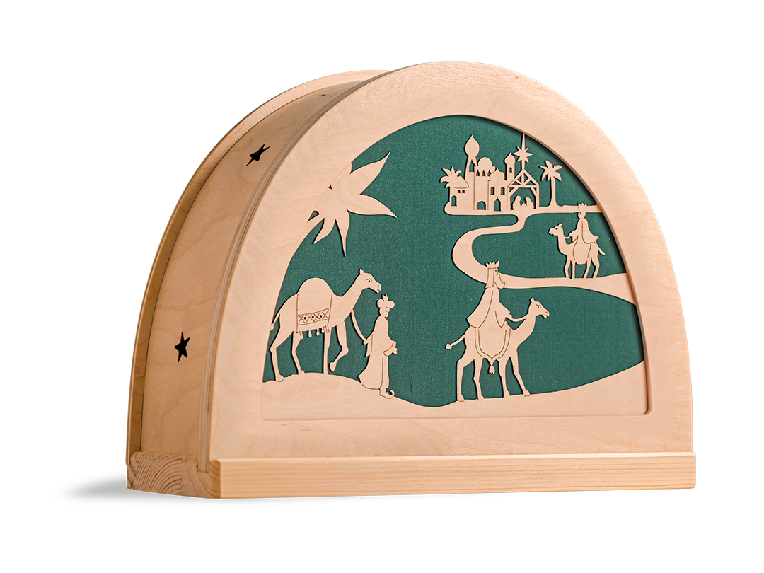 Driekoningen silhouet met drie koningen in houten silhouetlamp voor seizoentafel