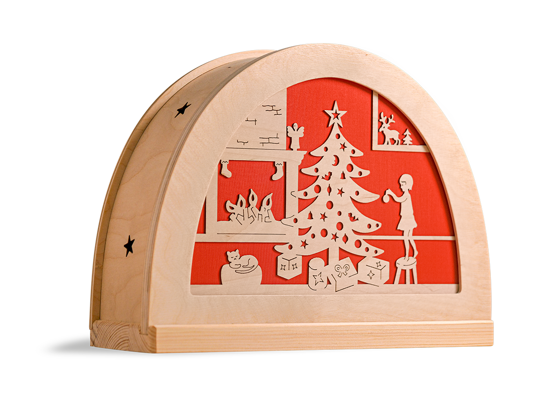 Kerstfeest silhouet met kerstboom in houten silhouetlamp