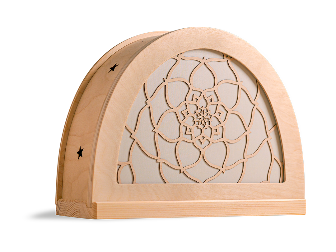Lotus mandala silhouet in houten silhouetlamp met warm licht