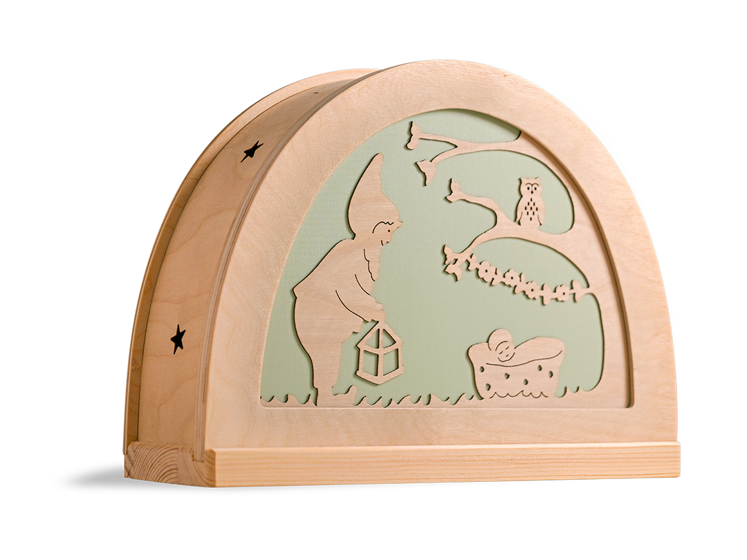 Welterusten kabouter silhouet in houten silhouetlamp voor kinderkamer