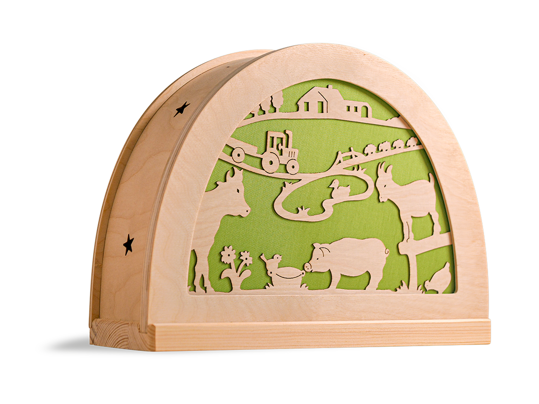 Boerderij silhouet met dieren in houten silhouetlamp voor kinderkamer