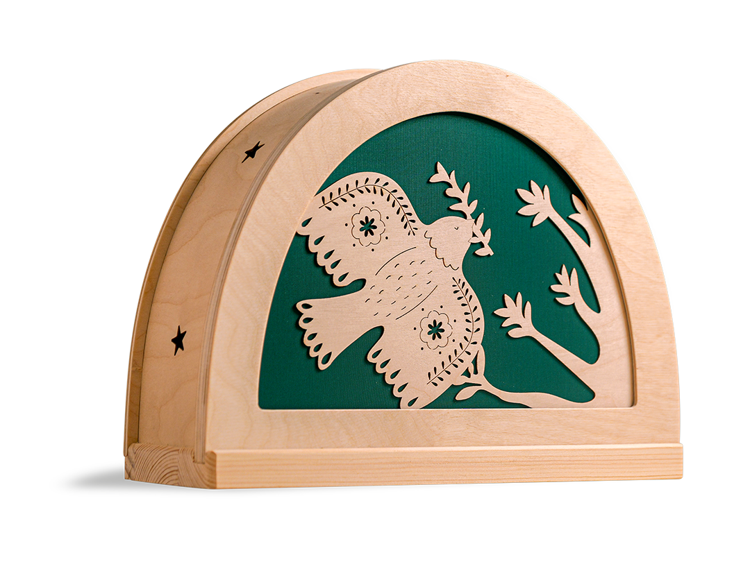 Folklore vogel silhouet in houten silhouetlamp met warm licht