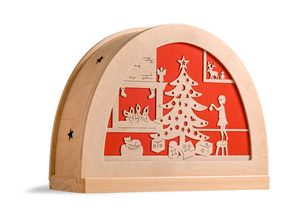 Kerstfeest silhouet met kerstboom in houten silhouetlamp
