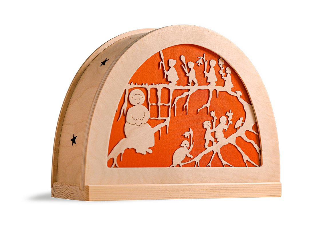 Moeder Aarde silhouet met wortelkinderen in houten silhouetlamp voor seizoentafel